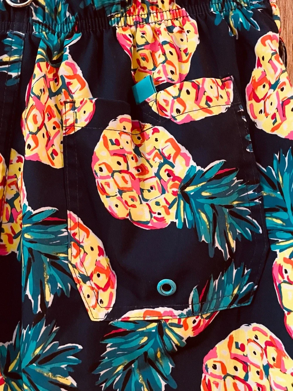 George Pineapple Print Swim Trunks - Navy with Yellow & Teal